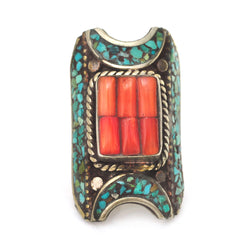 Tibetan Coral Saddle Ring - 10.75