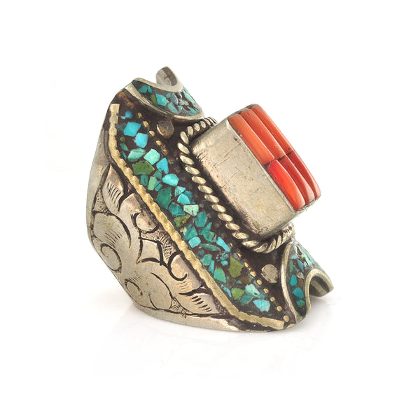 Tibetan Coral Saddle Ring - 10.75