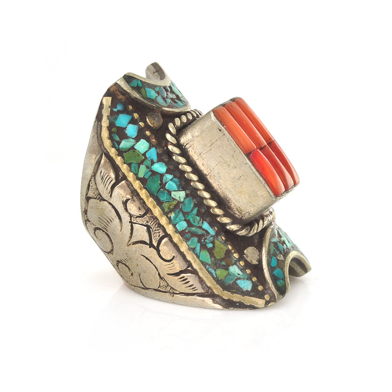 Tibetan Coral Saddle Ring - 10.75