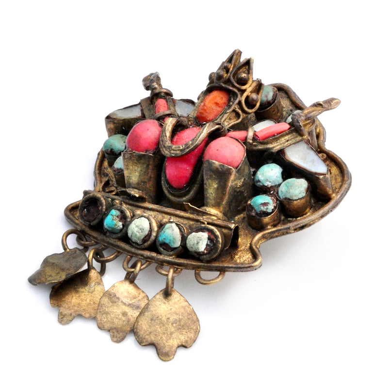 TURQUOISE And CORAL BROOCH