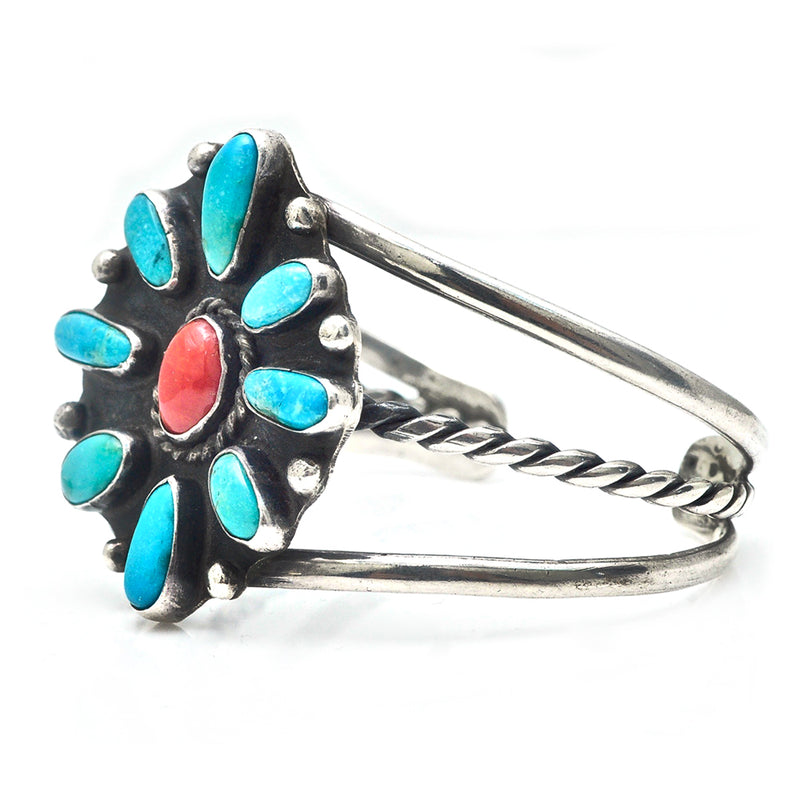 Turquoise and Coral Flower Cuff