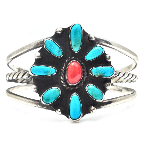 Turquoise and Coral Flower Cuff